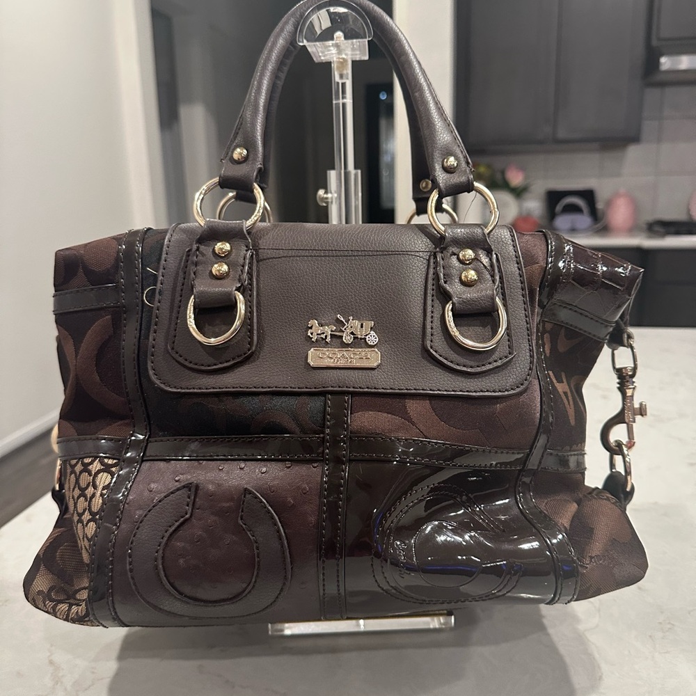 Coach Chocolate Patchwork Satchel with Gold Hardware